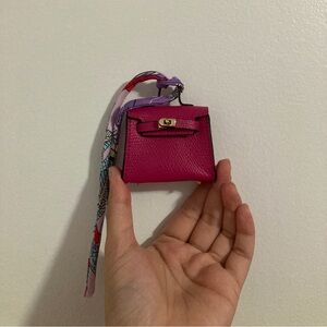 Mini Purplish Pink Kely Bag Charm Keychain with Light Gold Hardware and Twilly